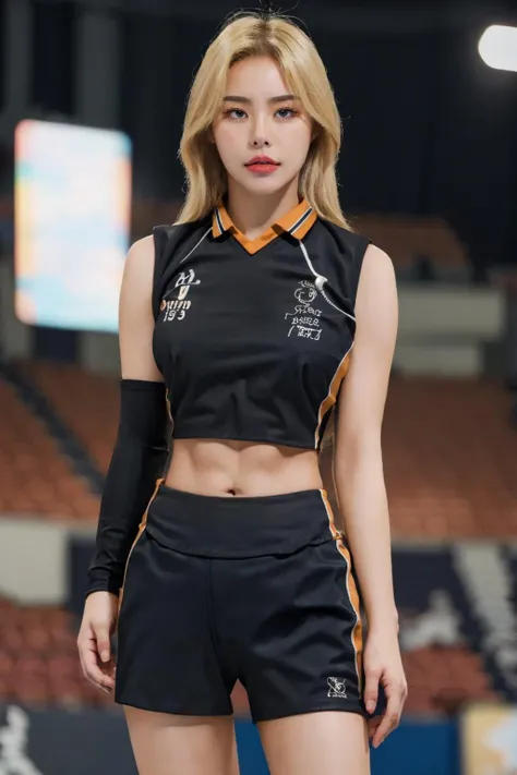 1girl, volleyball uniform, thighs, eyeliner, short figure, looking at viewer, broad shoulder, eyelashes, perfect face, perfect skin, ((ultra-detailed eyes)), dim lighting, bokeh, ((indoor stadium)), audience,sleeveless, crop top, ((abs)), (masterpiece, high quality:1.2), bare face, ((blonde)), ((black jersey)), sport attire, ((low saturated)), (low contrast),<lora:haikyuu:1> <lora:wheeinlorashy:1>