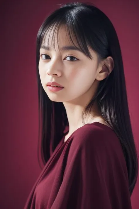 (best quality,masterpiece:1.2),8k,ultra high res,ultra detailed,best quality,looking at viewer,perfect lighting,flat light,ultra high quality,ultra high res,masterpiece,photorealistic,detailed face,(simple background),(maroon background),  <lora:M03K4M1K0-000009:1>