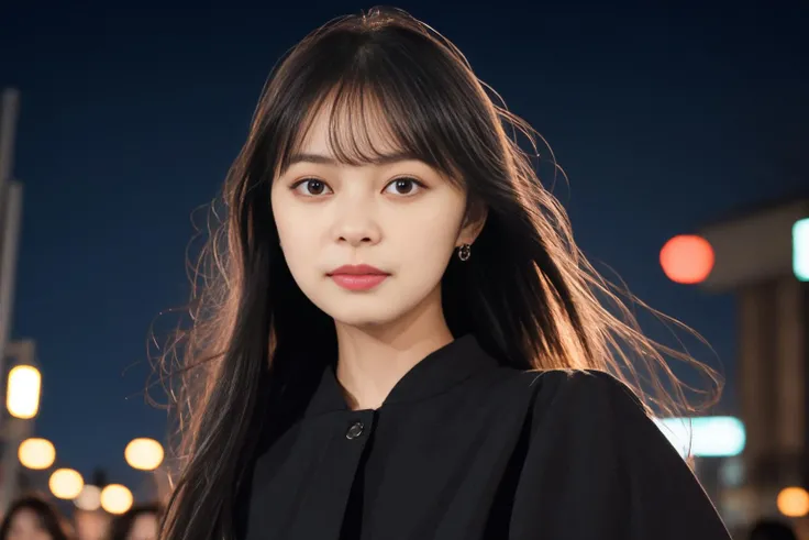 masterpiece,realistic, 4k, detailed, a close up of <lora:M03K4M1K0-000009:1> modeling in street of seul in the night, highly detailed face, f2.8,denoise, dof, full body, elegant black clothes, blur background, bangs, long hair,