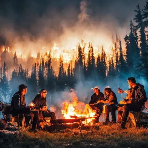 postapocalyptic scenery, group of people gathered around bonfire,
