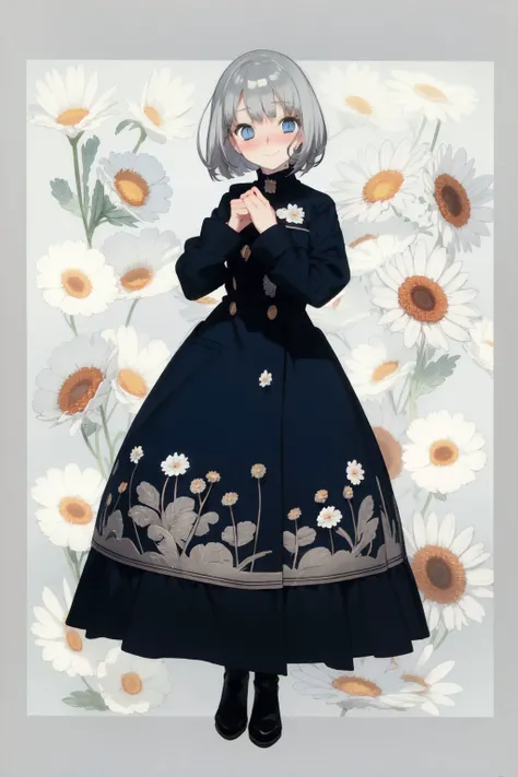 full body, solo, 1girl, embarrassed nose blush smile, looking at viewer, light grey hair, bob cut, blue eyes, dim light, Common_Yarrow \(flower\), floral background <lora:noco_(adamas)_style_v01:1>