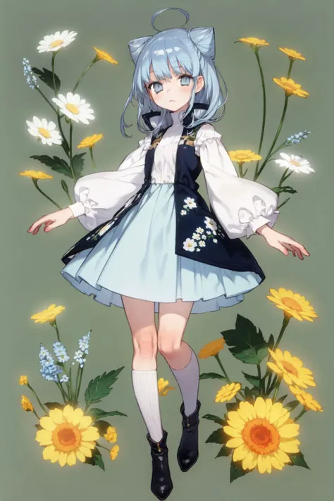 full body, solo, 1girl, whiskers, looking at viewer, blue hair, cone hair bun, silver eyes, glittering light, Fernleaf_Yarrow \(flower\), floral background <lora:noco_(adamas)_style_v01:1>