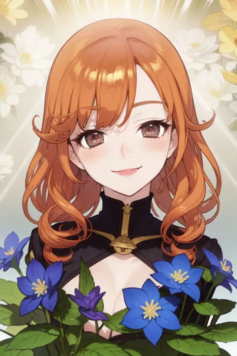 portrait, solo, 1girl, seductive smile, looking at viewer, orange hair, ringlets, silver eyes, god rays, Canterbury_Bells \(flower\), floral background <lora:noco_(adamas)_style_v01:1>