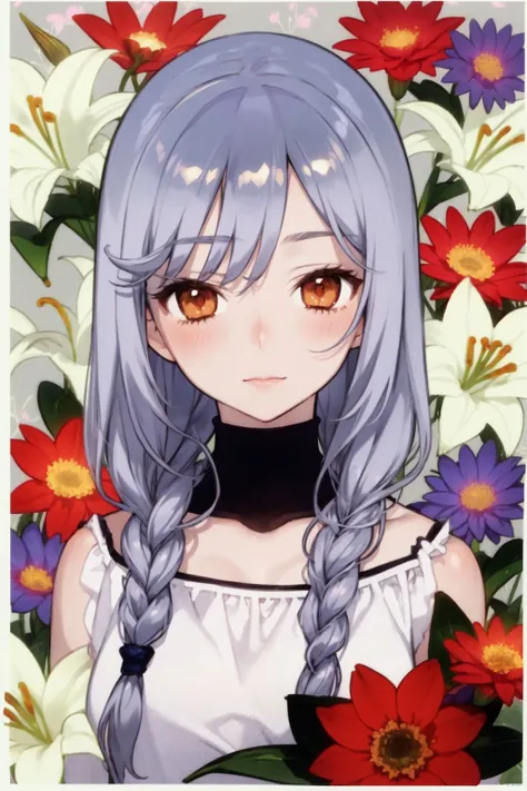 portrait, solo, 1girl, whiskers, looking at viewer, light purple hair, braid, orange eyes, lens flare, Lily \(flower\), floral background <lora:noco_(adamas)_style_v01:1>