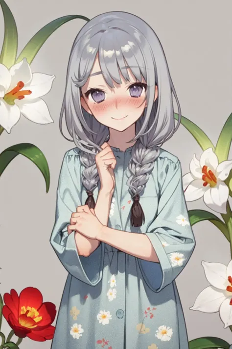 cowboy shot, solo, 1girl, embarrassed nose blush smile, looking at viewer, grey hair, quad braids, purple eyes, sidelighting, Montbretia \(flower\), floral background <lora:noco_(adamas)_style_v01:1>