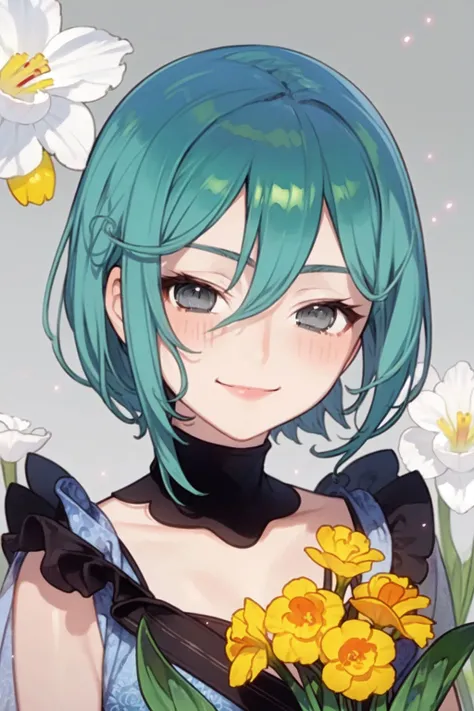 1girl in、evil smile、Shiny dark blue hair、short-hair、Green eyes、Blunt bangs、middle size breasts、Blue flowers background
