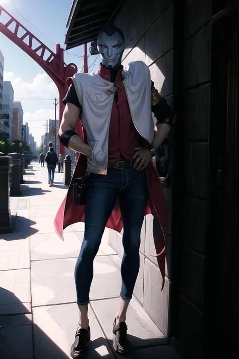 Highly detailed, High Quality, Masterpiece, beautiful, 1boy, solo, red eyes, mask,  <lora:JhinDefault_5:1>, REIGJhinYS, jeans, shirt, jacket, full body, outdoors,