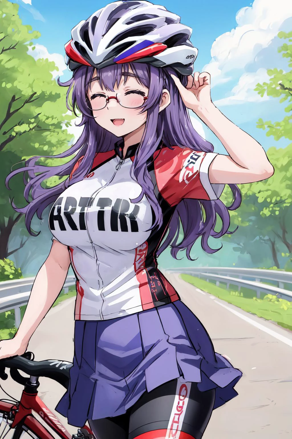 masterpiece, best quality, 1girl, ichinoseyayoi, glasses, closed eyes, red and black shirt, short sleeves, clothes writing, blue skirt, shorts under skirt, large breasts, cowboy shot, bicycle, road, looking at viewer, :D, bike helmet , purple hair,
<lora:ichinoseyayoi-nvwls-v1:0.7>