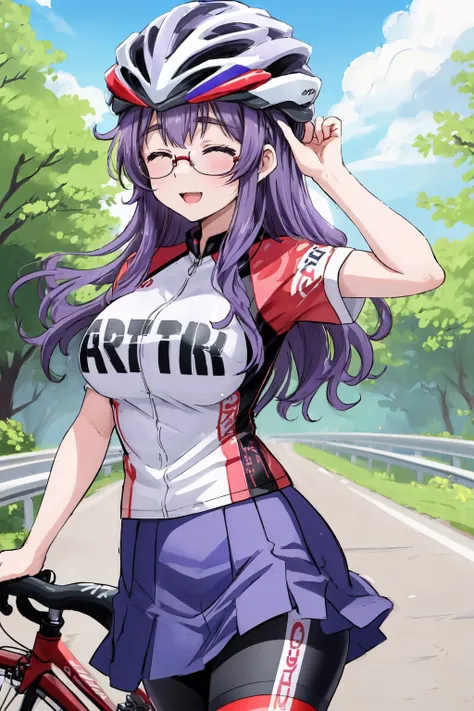 masterpiece, best quality, 1girl,  ichinoseyayoi, glasses, closed eyes, red and black shirt, short sleeves, clothes writing, blue skirt, shorts under skirt, large breasts, cowboy shot, bicycle, road, looking at viewer, :D, bike helmet , purple hair, 
<lora:ichinoseyayoi-nvwls-v1:0.7>