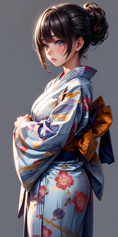 (masterpiece,ultra-detailed,best quality,8K,CG,illustration,shaved:1.0),(girl:1),  <lora:more_details:1> , simple background ,  <lora:jyoji fuku v7:0.6> jyojifuku, yukata, japanese clothes, obi, wide sleeves,floral print,