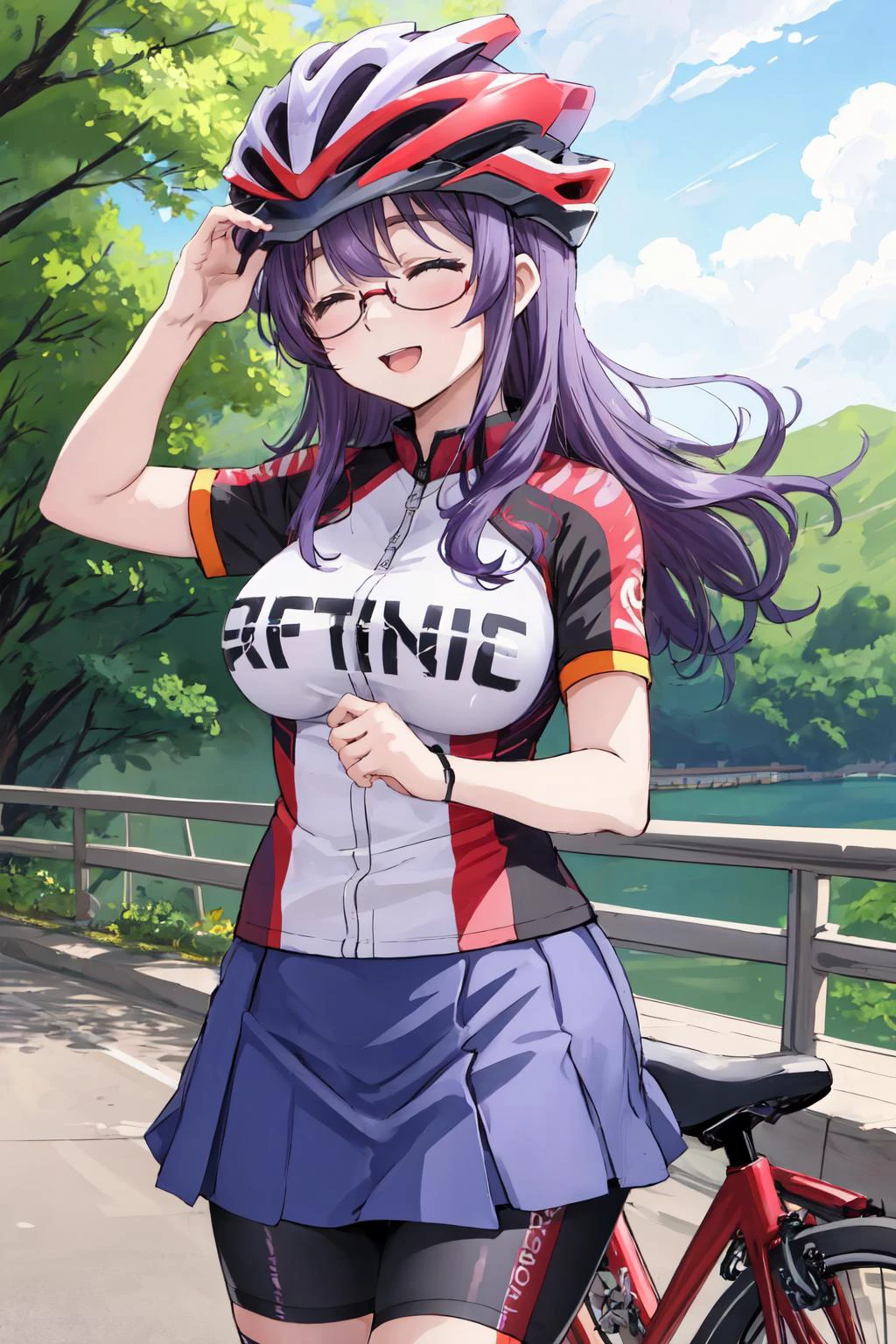 masterpiece, best quality, 1girl, ichinoseyayoi, glasses, closed eyes, red and black shirt, short sleeves, clothes writing, blue skirt, shorts under skirt, large breasts, cowboy shot, bicycle, road, looking at viewer, :D, bike helmet , purple hair,
<lora:ichinoseyayoi-nvwls-v1:0.7>