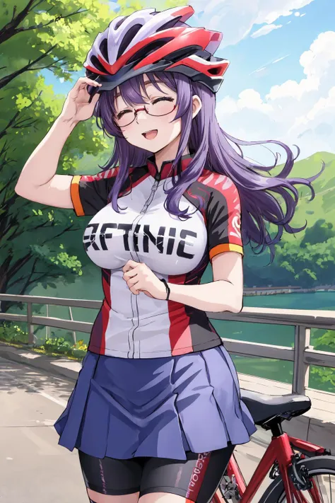 masterpiece, best quality, 1girl,  ichinoseyayoi, glasses, closed eyes, red and black shirt, short sleeves, clothes writing, blue skirt, shorts under skirt, large breasts, cowboy shot, bicycle, road, looking at viewer, :D, bike helmet , purple hair, 
<lora:ichinoseyayoi-nvwls-v1:0.7>