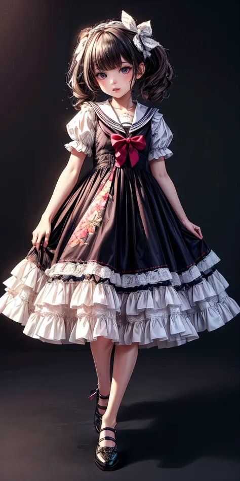 (masterpiece,ultra-detailed,best quality,8K,CG,illustration,shaved:1.0),(1gril:1.0),  <lora:more_details:1> , simple background <lora:jyoji fuku v6:0.5> jyojifuku, dress, frills, ribbon, hair bow,shoes