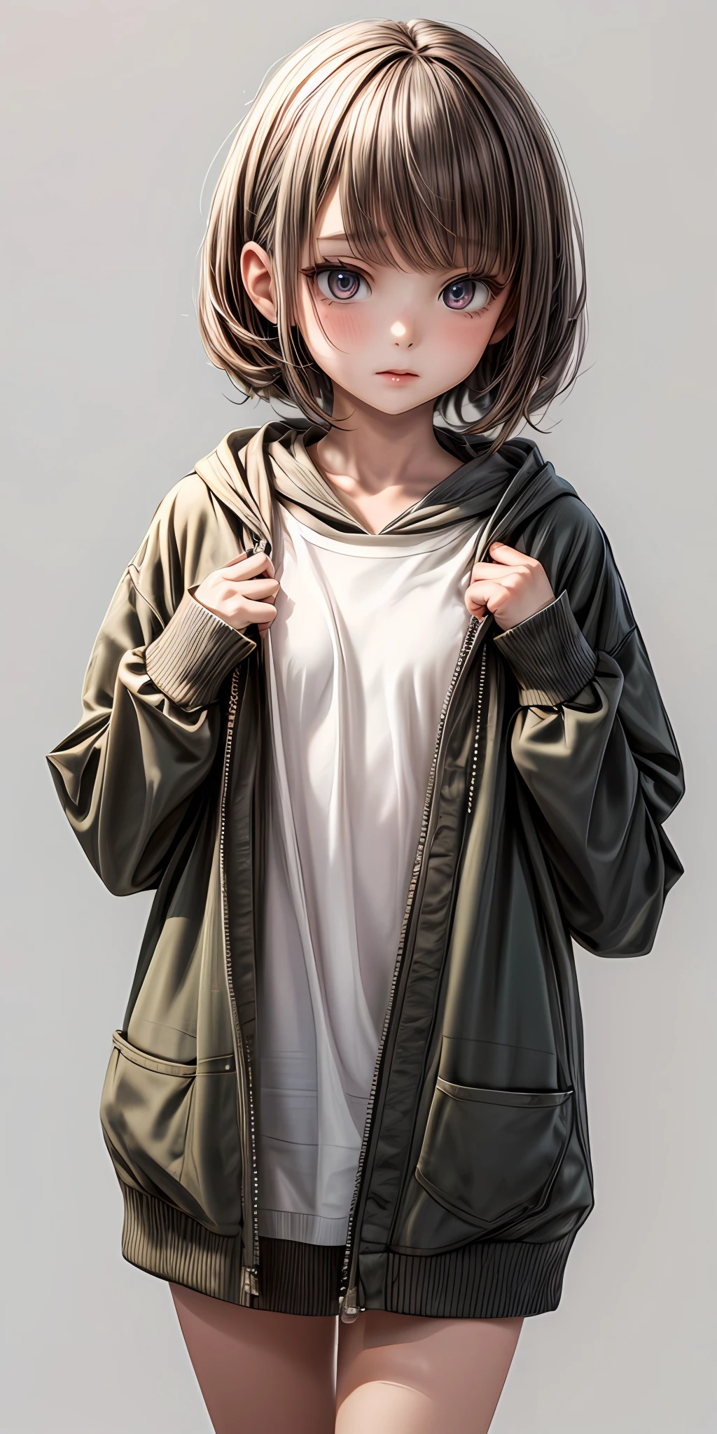 (masterpiece,ultra-detailed,best quality,8K,CG,illustration,shaved:1.0),(petite girl:1.2), <lora:more_details:1> ,simple background, <lora:jyoji fuku v14.0:0.5> jyojifuku, parka,hood