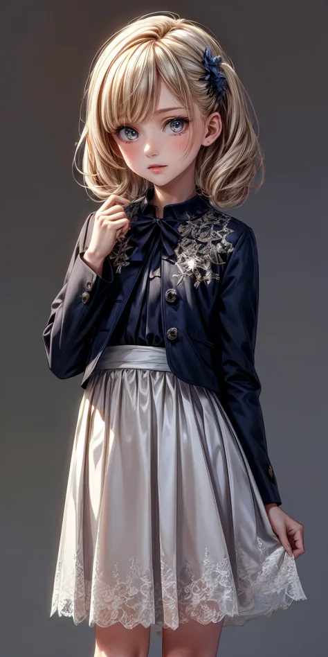 (masterpiece,ultra-detailed,best quality,8K,CG,illustration,shaved:1.0),(girl:1),  <lora:more_details:1> ,beatifull face, simple background ,  <lora:jyoji fuku v9:0.4> jyojifuku, dress, long sleeves, skirt,, jacket