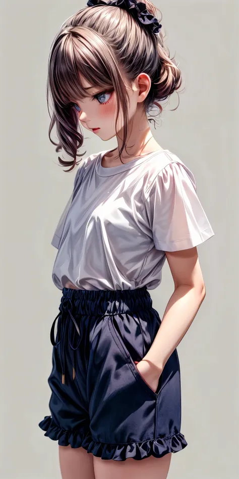 (masterpiece,ultra-detailed,best quality,8K,CG,illustration,shaved:1.0),(girl:1),  <lora:more_details:1> , simple background ,  <lora:jyoji fuku v8-000010:0.5> jyojifuku, shorts, shirt,frills