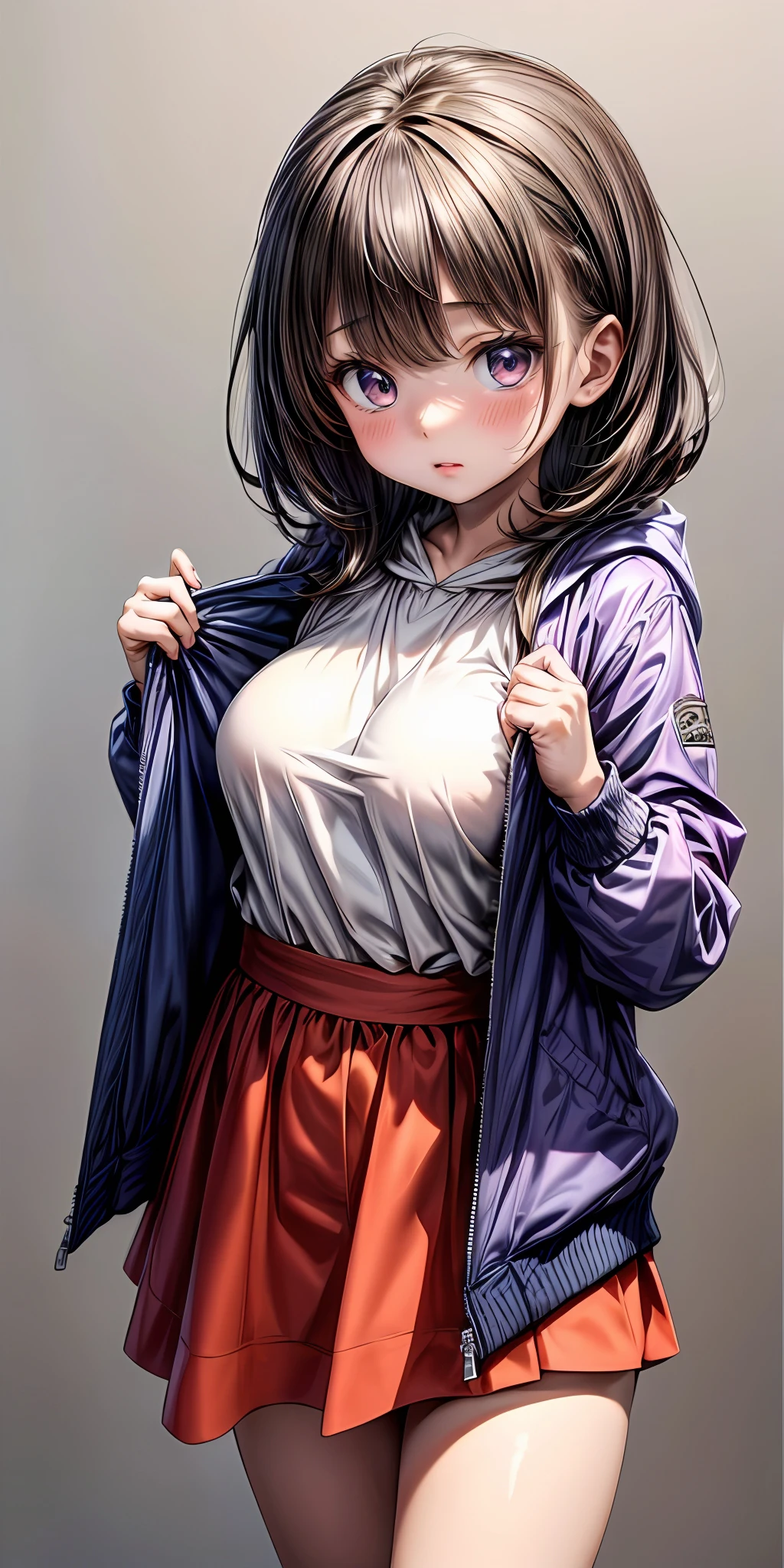(masterpiece,ultra-detailed,best quality,8K,CG,illustration,shaved:1.0),(ite girl:1.2), <lora:more_details:1> ,simple background, <lora:jyoji fuku v14.0:0.4> jyojifuku, parker,jacket, hood,skirt <lora:lkp v1.1:0.4> lkp, breasts