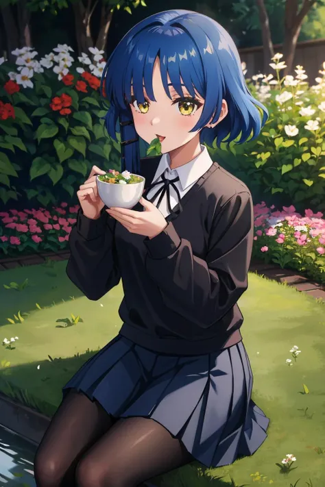 <lora:bocchi_yamada-10:1> yamada ryo, hair ornament, black sweater, neck ribbon, pleated skirt, black pantyhose
masterpiece, best quality, absurdres, garden, eating grass, happy