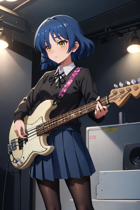 <lora:bocchi_yamada-10:1> yamada ryo, hair ornament, black sweater, neck ribbon, pleated skirt, black pantyhose
masterpiece, best quality, absurdres, standing, stage, holding instrument, bass guitar, holding bass