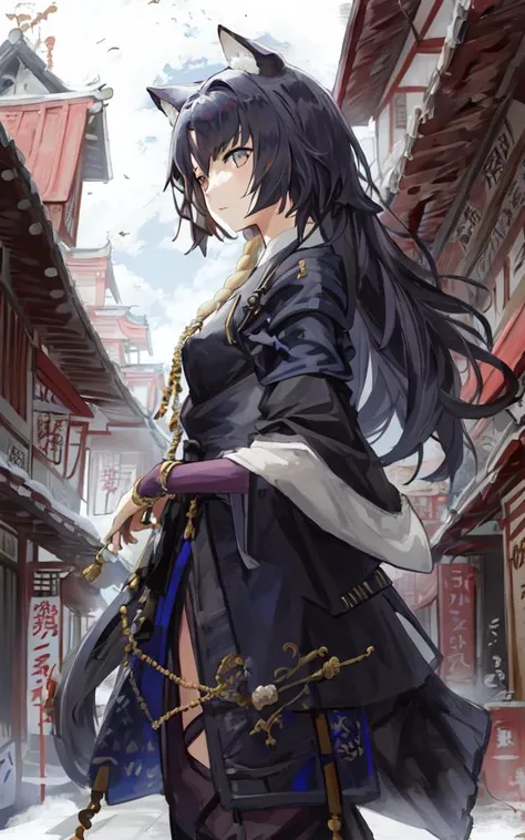 1girl, solo, saga, ,saga \(arknights\), standing, ancient eastern building,