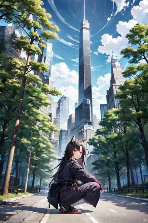 SAGA, 1girl, squatting, street, shrine, skyscraper, city, moss, trees, clouds, pavement, look at viewer