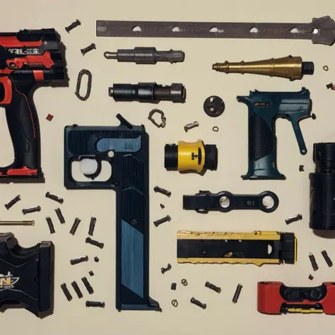 knolling+laydown <lora:laydown:1>, guns, ammo, pistols