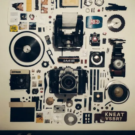 knolling+laydown <lora:laydown:1>, Camera, lens, film, parts,