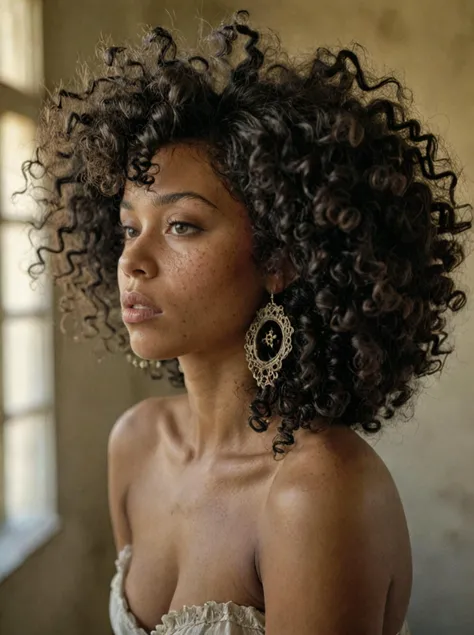 a voluptuous woman,Loose Curly Afro hair,Black,shot from side,The Beechworth Lunatic Asylum Australia,(detailed masterpiece intricate details award winning lots of details),Kodak gold 200,soft light