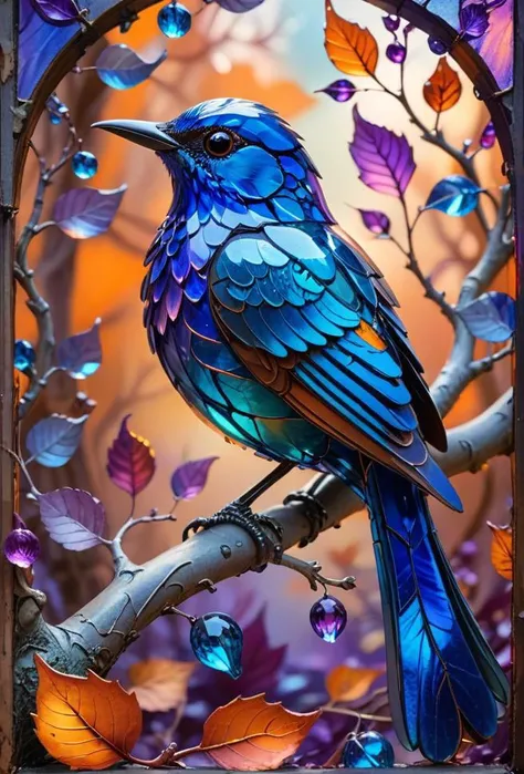 adult nymph tale the image features a blue glass bird, which is the main subject. the style used in the depiction of the bird is abstract and it is standing on a branch with leaves that are also made of glass. the background has orange and purple hues, creating a contrasting color scheme with the blue bird. . magical, fantastical, enchanting, storybook style, highly detailed