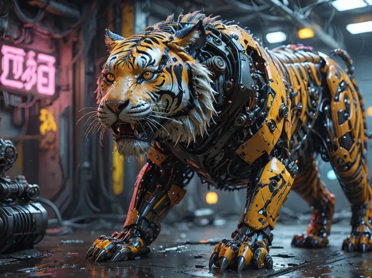 A mutant tiger,neon ambiance,abstract black oil,gear mecha,detailed acrylic,grunge,intricate complexity,rendered in unreal engine,photorealistic