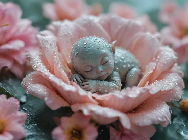 a photo of a cute tiny baby floral alien sleeping curled up inside of a metallic pastel coloured flower with water droplets,colorful