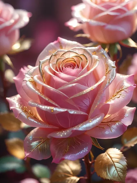 close-up shot of many angelic mythical transparent pink glass rose with glowing intricate golden transparent swirl leafs and golden branches, symmetrical hyperdetailed texture, pearl filigree, concept art, artstation, perfect composition, masterpiece, glittering professional photography, macro, natural lighting, canon lens, shot on dslr 64 megapixels sharp focus ethereal, hyperrealistic, intricately detailed, color depth, dramatic, side light, colorful background, depth of field, tilt shift, bokeh.