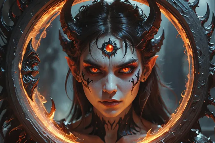 a beautiful female demon looking at the viewer through a round portal