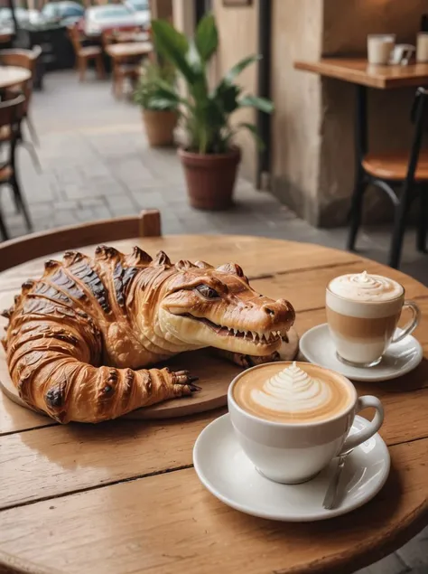 an image with the croissant crafted to resemble a seated crocodile,accompanied by a cup of cappuccino on a cozy cafe table