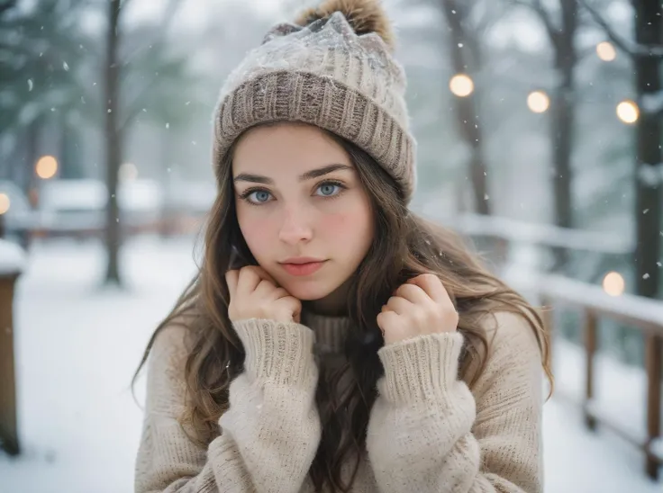 masterpiece,best quality,analogue photo of adult girl in sweater and sweater hat,looking at viewer,long hair,head shot,hold cheeks with hands,close-up,extremely beautiful detailed face,medium breasts,(cute face, temptations look),snowing,snowing background,high key lighting,eye level,Leica M3,Ektar 100,50mm,(vignette photography),(professional photo, balanced photo, balanced exposure) ,<lora:d\EnvyZoomSliderXL01:-0.7>
