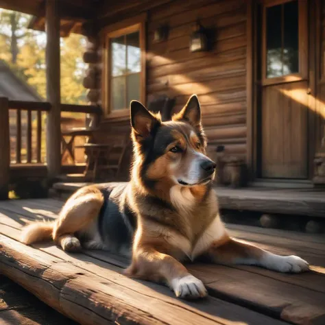 a dog relaxing on the front porch of a log cabin in the sunlight, dappled sunlight shadows, detailed fur
extremely highly detailed cinematic masterpiece, desktop background wallpaper, dynamic lighting and shadows
colorful, rich, saturated, vibrant