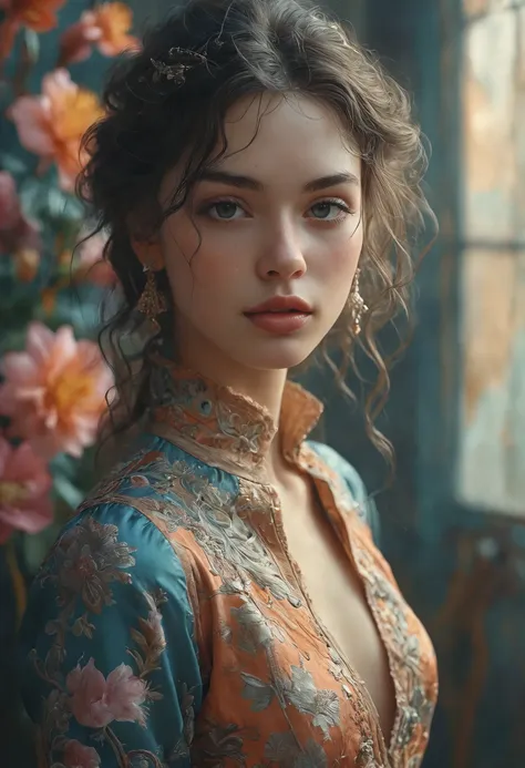 A mysterious woman with luscious wavy hair, slender eyes, sharp jawline, thin lips, and clad in an Eastern-inspired silk dress, portrayed in a digital illustration that captures her enigmatic aura and ethereal beauty with intricate detail and vibrant colors. Fantasy mysterious background, <lora:add-detail-xl:1.5>