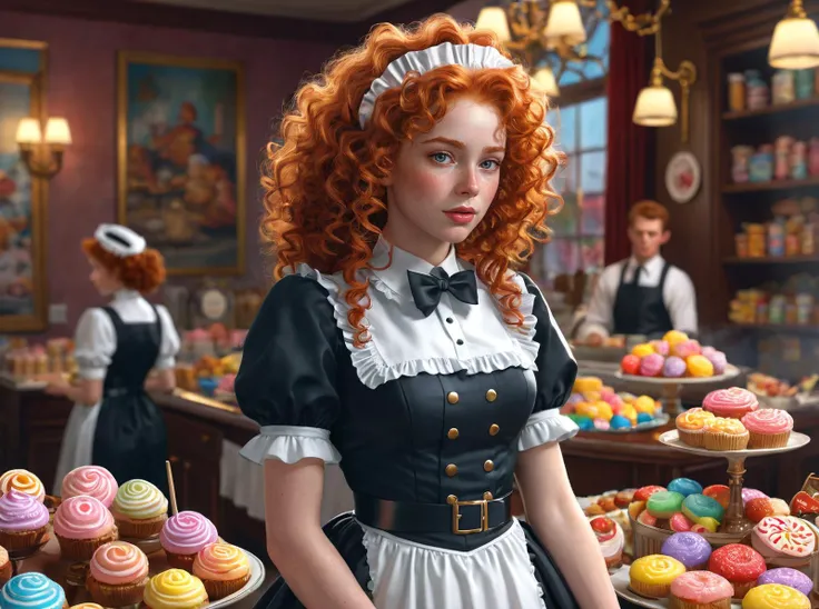 a female maid secret police,Curly Frizzy Hair,Redhead,arms behind back,In the Candied Wonderland of Everlasting Sweets,elegant highly detailed digital painting artstation concept art smooth sharp focus,Kodak UltraMax 400,Indirect light