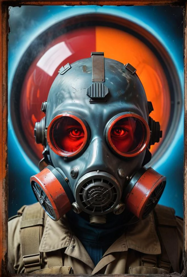 op art style the image portrays a futuristic soldier, donned in a black and red gas mask. the soldier's helmet is equipped with goggles, reflecting the vibrant hues of blue and orange. the gas mask itself appears to have been designed with a modern twist, giving it an edgy appearance. the backdrop of the image is a deep red color, which contrasts sharply with the gas mask, making it stand out even more. a glowing red circle frames the soldier's face, adding a layer of depth to the composition. in each corner of this intriguing picture, you can see weapons one in the top left, another at the bottom right, and the last one at the top right. these items suggest that the soldier is well equipped for any mission or battle they might encounter. overall, the image captures a scene that blends retro digital aesthetics with a futuristic theme, creating a unique visual experience. . optical illusions, black and white, abstract, geometric