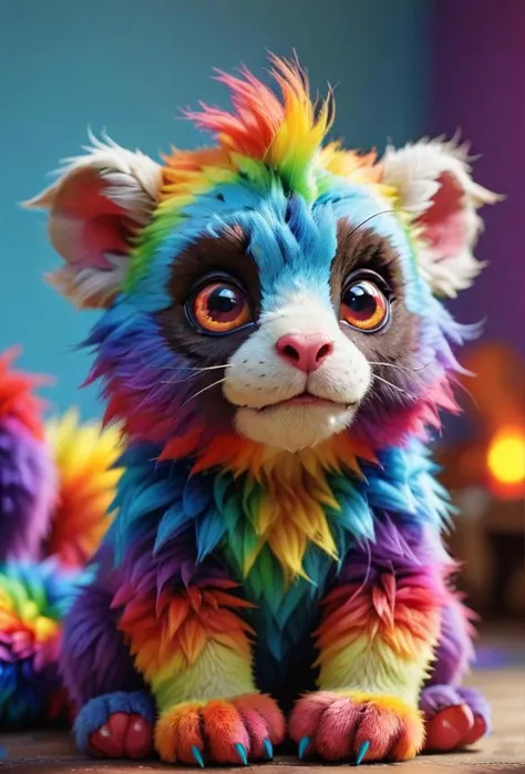 the witness video game style, bright colors, clean lines, geometric shapes, minimalistic a painting of, a close up of a stuffed animal with a rainbow colored fur, rainbow fur, colorful delightful, the cutest creature in the world, toy, 3 d render, the cutest creature of the world, whimsical demon with rainbow fur, furry character, marmoset render, evil. vibrant colors. , creature, toy photo, pictoplasma, from reddit, extremely detailed, artgerm, photograph