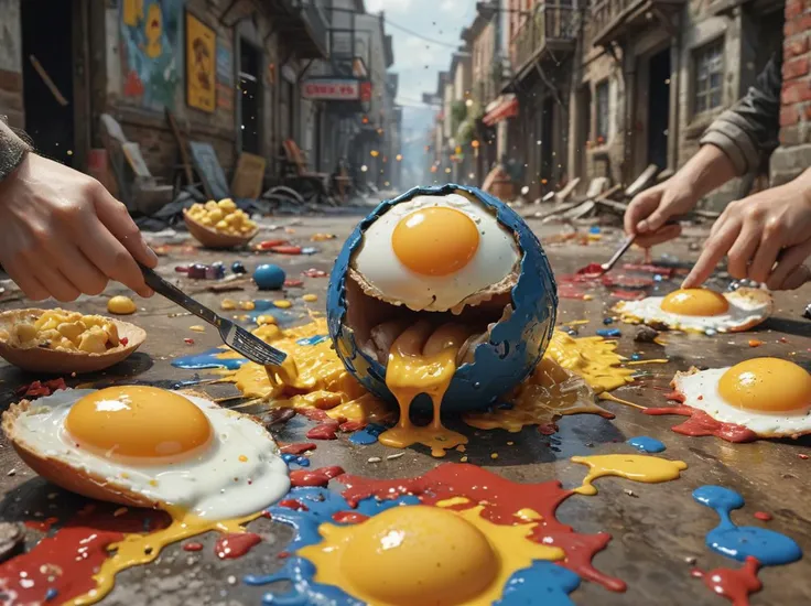 paint splatter,poster_\(medium\),The scrambled-egg brigade!,Never fear,the scrambled-egg brigade is on the scene to save the day!,emblem,epic action scene,complex and detailed background scene,symmetry,full length photograph,(masterpiece:1.3),(best_quality:1.3),(ultra_detailed:1.3),8k,extremely_clear,surrealism,(ultrarealistic:1.3),insane details,intricate details,hyperdetailed,ultra detailed,extreme detailed,highest detailed,high_detail,contrasting,beautiful,hdr,photorealistic,highres,ultra_high_res,photography,aesthetic,extremely_delicate,Ellis-RealismBoost