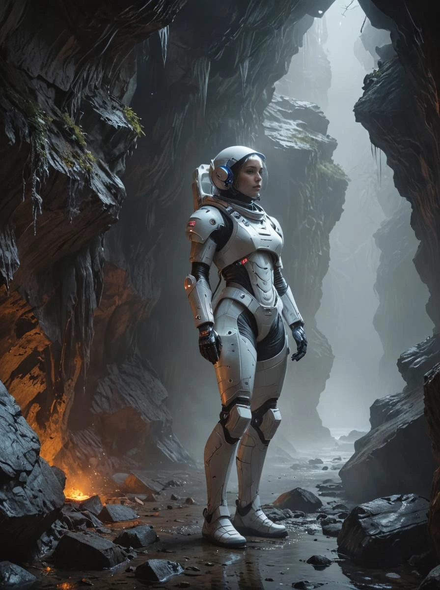 a beautiful artwork illustration, concept art sketch of an astronaut in white futuristic cybernetic armor in a dark cave, volumetric fog, godrays, high contrast, vibrant colors, vivid colors, high saturation, by Greg Rutkowski and Jesper Ejsing and Raymond Swanland and alena aenami, featured on artstation, wide angle, vertical orientation, eroded cliffs, crumbling edges, treacherous footing, panoramic vistas