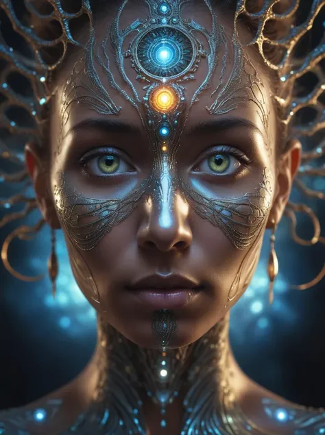 (8k, RAW photo, highest quality), hyperrealistic abstract style portrait of an otherworldly being with metallic skin, glowing orbs for eyes, and intricate fractal patterns emanating from their face, non-representational, colors and shapes, expression of feelings, imaginative, highly detailed