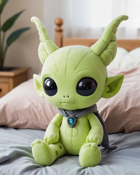 a cute chibi alien plushie sitting on a bed, antennae, pillows