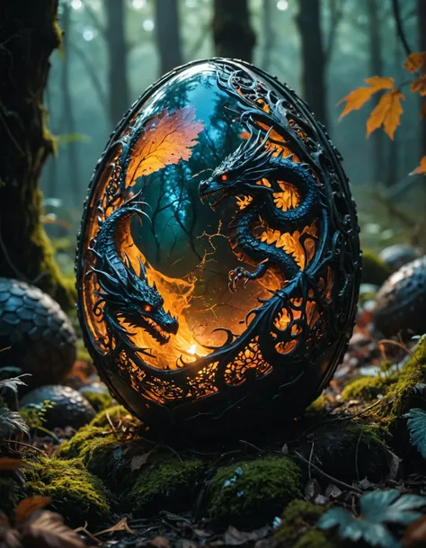 at night,  colorful  dragon egg, filigree, in the middle of a enchanted forest, Cinematic photography, movie mood, cinematic light, compelling composition, storytelling elements, conveys emotion, mood, and narrative depth, creating visually striking images that feel like still frames from a film, Light Leaks Overlay filter, Necropunk art style, dark and macabre, blending of death and technology, eerie and unsettling imagery, explores themes of mortality and decay, unique and thought-provoking concepts