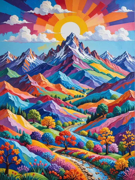 paper mache representation of painting of a colorful landscape with a mountain in the background, a fine art painting inspired by william didier pouget, featured on shutterstock, neo fauvism, colorful landscape painting, vibrant gouache painting scenery, vivid landscape . 3d, sculptural, textured, handmade, vibrant, fun