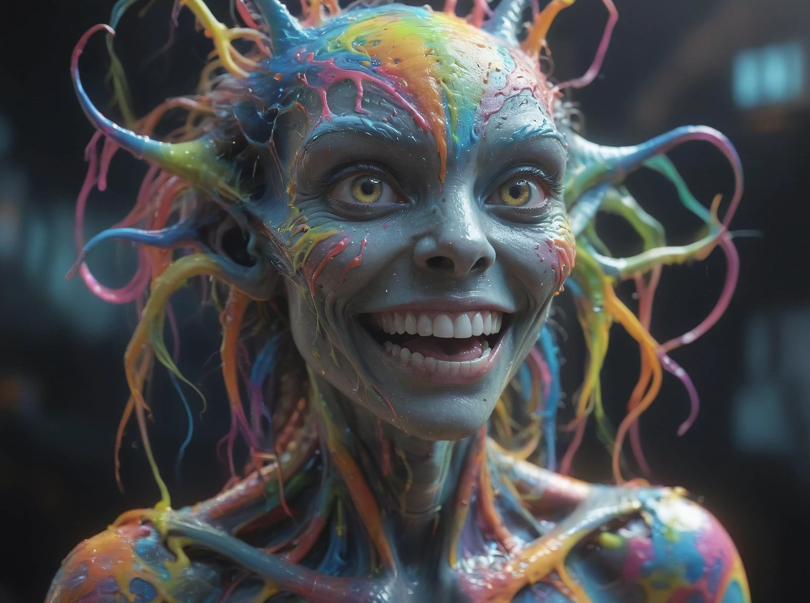 impossibly beautiful portrait of alien shapeshifter entity, insane smile, intricate complexity, surreal horror, inverted neon rainbow drip paint, trending on art station, photoreal, 8 k, octane render by greg rutkowski