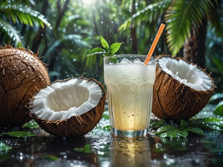 refreshing, vibrant glowing coconut juice drink,dew drops,refreshing  , in the style of a product hero shot in motion, dynamic magazine ad image, photorealism, sleep and mystical elements around the background