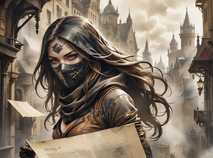 Ink illustration on parchment. In the midst of a steampunk cityscape,a mysterious female assassin emerges,her long hair flowing beneath a dark cowl. Assassin Mask