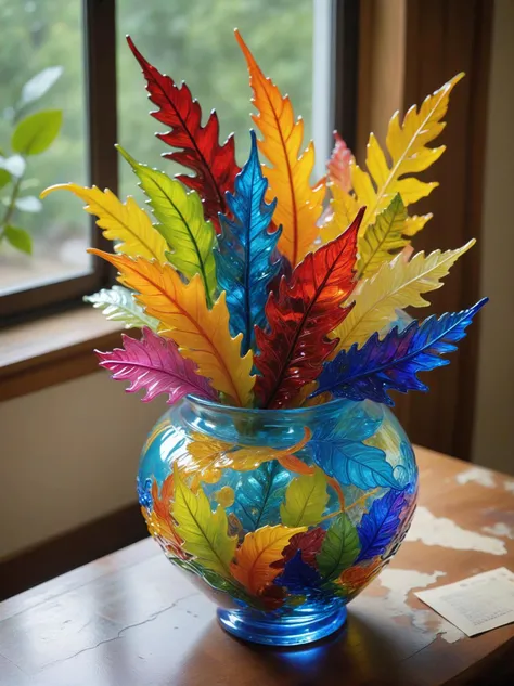 ASCIIstrategy game style brightly colored glass vase with a variety of leaves in it, colorful glass art, chihuly, beautiful glass work, glass flowers, venetian glass, fractal glass, iridescent venetian blown glass, plants in glass vase, stained glass art, murano glass sculpture, vase work, glass sculpture, plants in a glass vase, vase of flowers, beautiful color art!, vibrant foliage . overhead view, detailed map, units, reminiscent of real time strategy video games